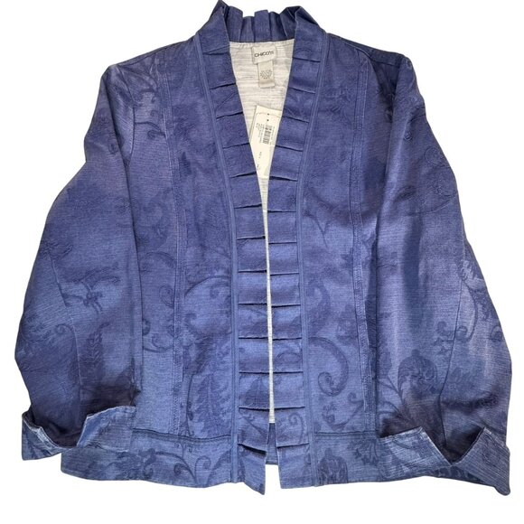 NWT Chicos Brocade Blazer Jacket Blue Sz X=Large Open Front Embroidered Ruffles - Picture 1 of 12